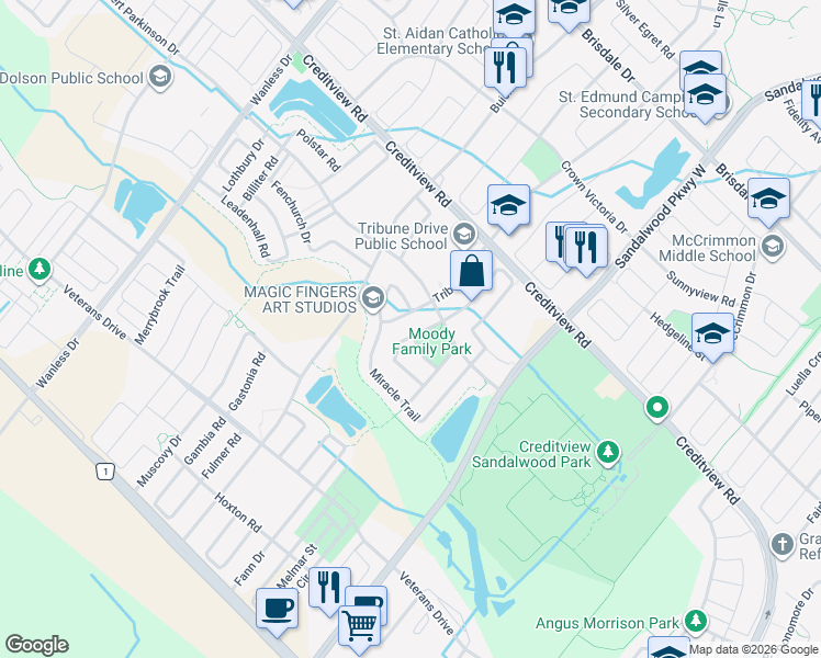 map of restaurants, bars, coffee shops, grocery stores, and more near 8 Giltspur Road in Brampton