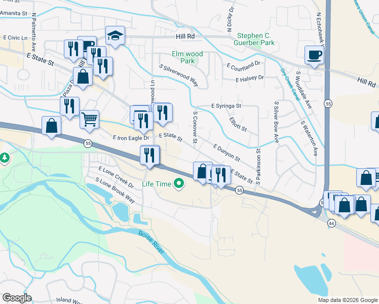 map of restaurants, bars, coffee shops, grocery stores, and more near 1801 East State Street in Eagle