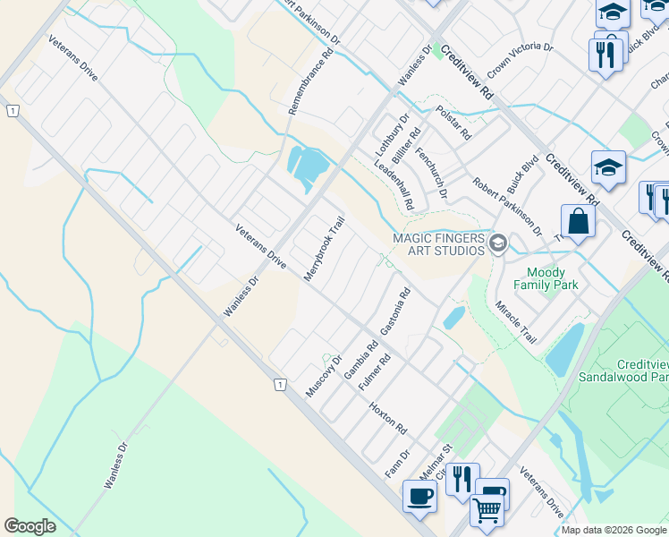 map of restaurants, bars, coffee shops, grocery stores, and more near Rangemore Road in Brampton