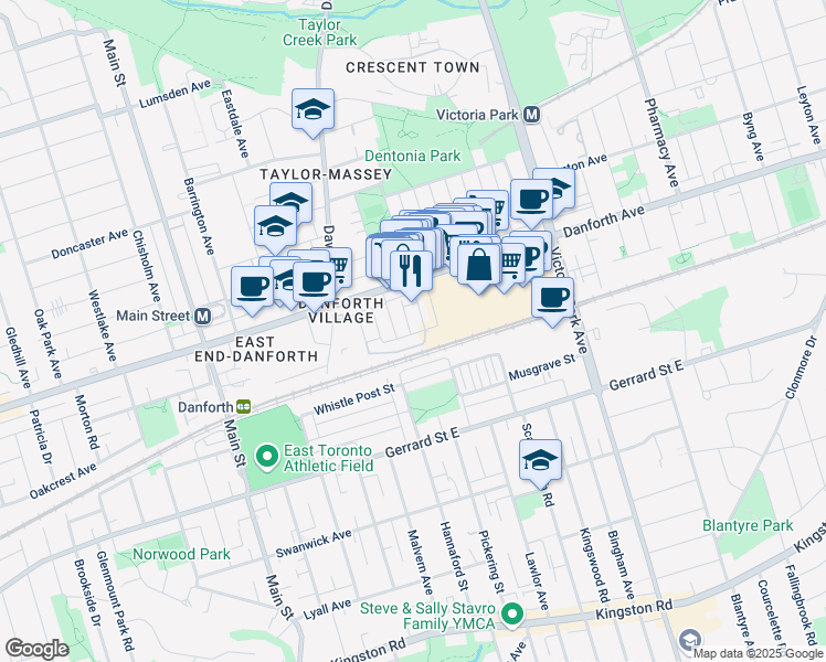 map of restaurants, bars, coffee shops, grocery stores, and more near 6 Luttrell Avenue in Toronto
