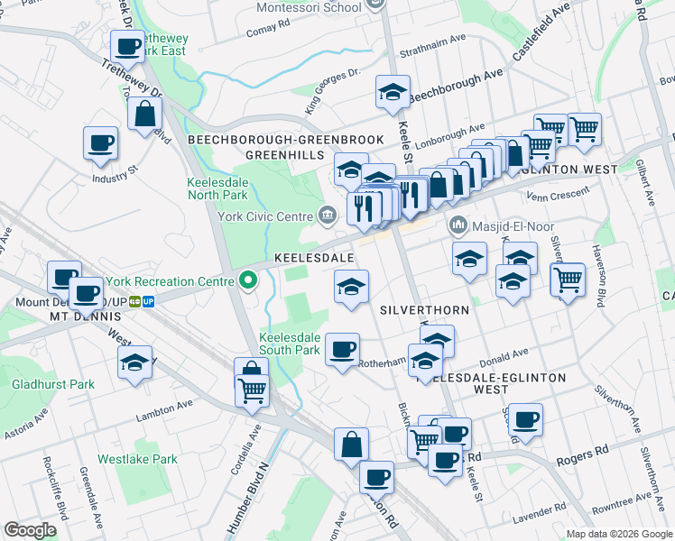 map of restaurants, bars, coffee shops, grocery stores, and more near 33 Landour Avenue in Toronto