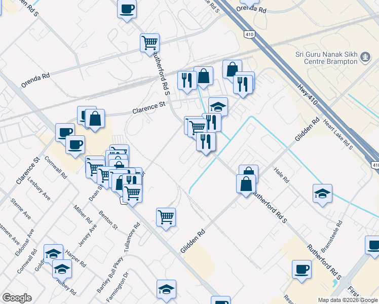 map of restaurants, bars, coffee shops, grocery stores, and more near 181 Rutherford Road South in Brampton