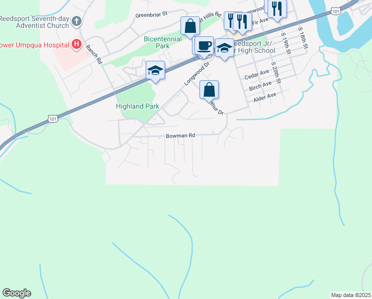 map of restaurants, bars, coffee shops, grocery stores, and more near 826 South Hill Drive in Reedsport