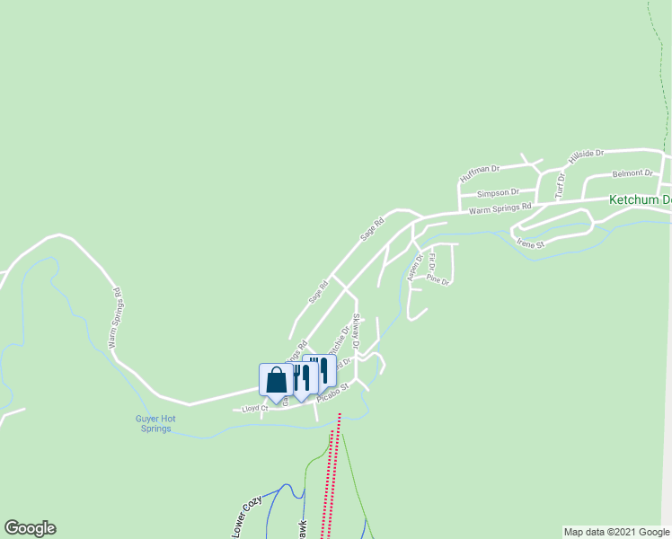 map of restaurants, bars, coffee shops, grocery stores, and more near 103 Sage Road in Ketchum