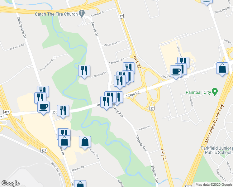 map of restaurants, bars, coffee shops, grocery stores, and more near in Toronto