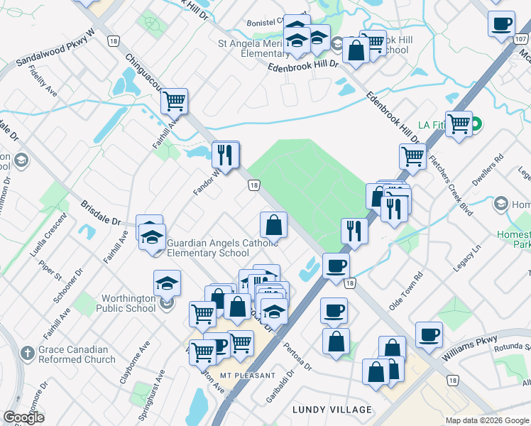 map of restaurants, bars, coffee shops, grocery stores, and more near in Brampton