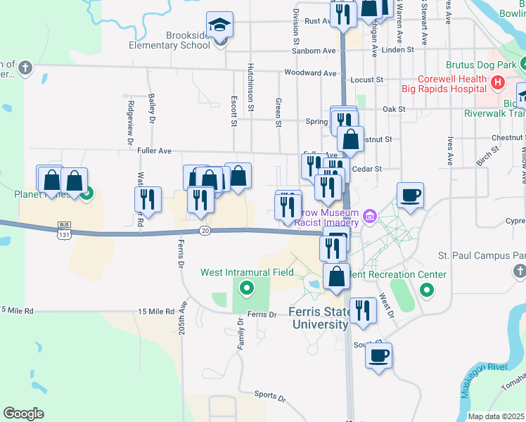 map of restaurants, bars, coffee shops, grocery stores, and more near 400 Perry Avenue in Big Rapids