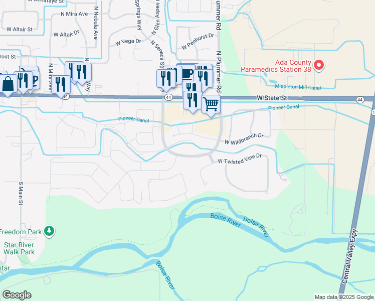map of restaurants, bars, coffee shops, grocery stores, and more near 9800 West Gloxinia Street in Star