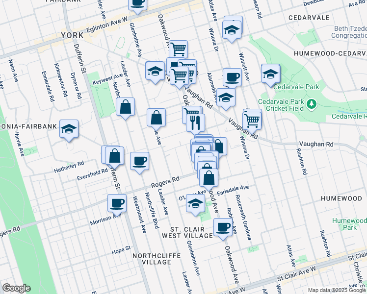 map of restaurants, bars, coffee shops, grocery stores, and more near in Toronto