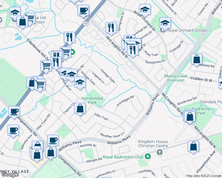map of restaurants, bars, coffee shops, grocery stores, and more near 129 Vintage Gate in Brampton