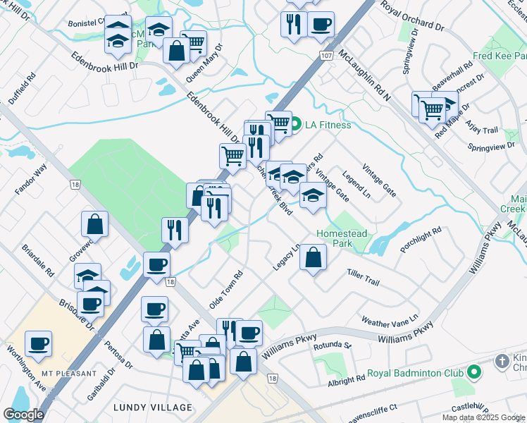 map of restaurants, bars, coffee shops, grocery stores, and more near 54 Gold Hill Road in Brampton