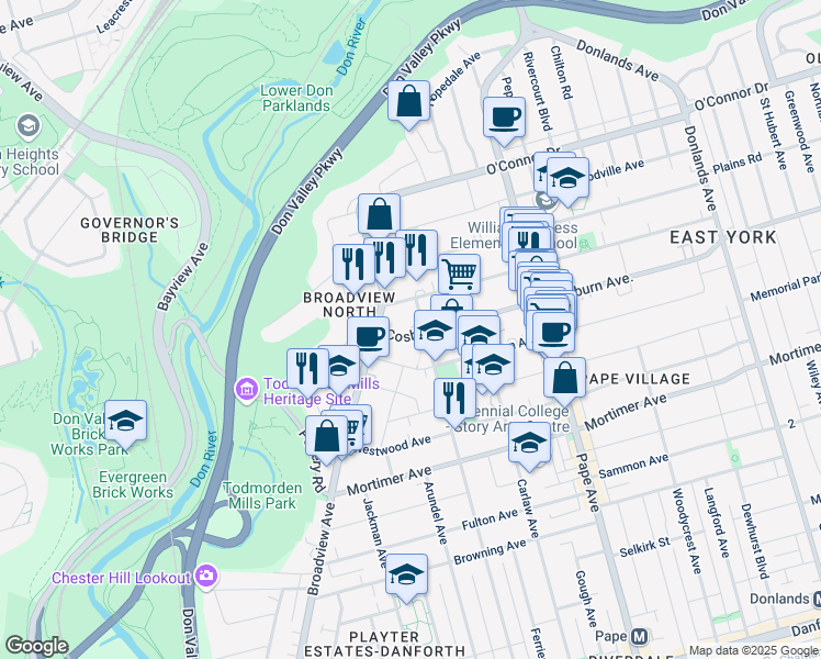 map of restaurants, bars, coffee shops, grocery stores, and more near 26 Cosburn Avenue in Toronto