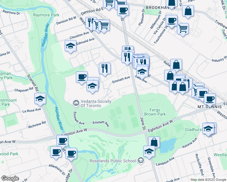 map of restaurants, bars, coffee shops, grocery stores, and more near 55 Emmett Avenue in Toronto