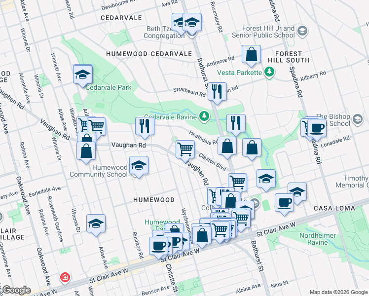 map of restaurants, bars, coffee shops, grocery stores, and more near 51 Claxton Boulevard in Toronto