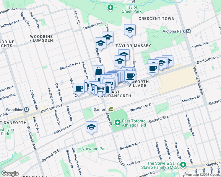 map of restaurants, bars, coffee shops, grocery stores, and more near 2622 Danforth Avenue in Toronto
