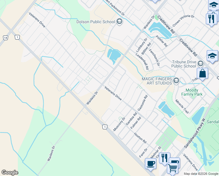 map of restaurants, bars, coffee shops, grocery stores, and more near 341 Veterans Drive in Brampton
