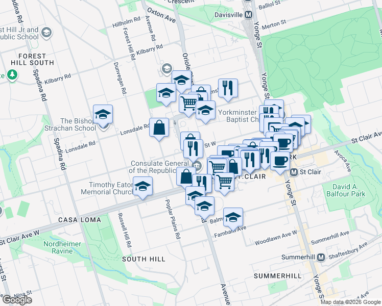 map of restaurants, bars, coffee shops, grocery stores, and more near 38 Oriole Road in Toronto
