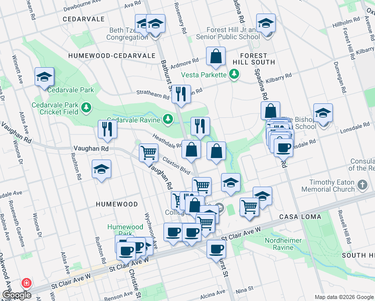 map of restaurants, bars, coffee shops, grocery stores, and more near 1602 Bathurst Street in Toronto