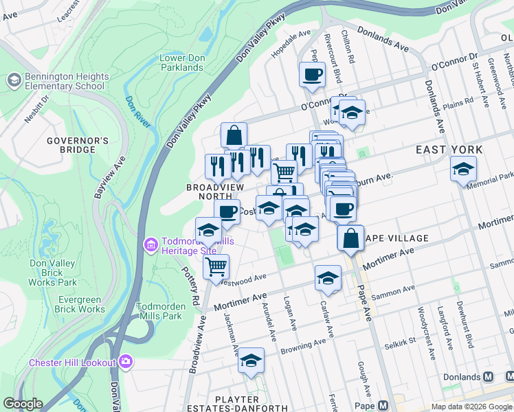 map of restaurants, bars, coffee shops, grocery stores, and more near 28 Cosburn Avenue in Toronto