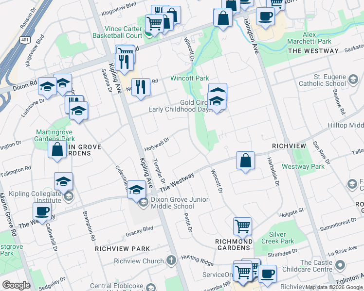 map of restaurants, bars, coffee shops, grocery stores, and more near 36 Mitre Place in Toronto