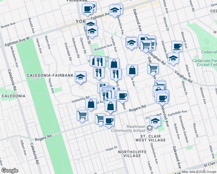 map of restaurants, bars, coffee shops, grocery stores, and more near 502 Westmount Avenue in Toronto