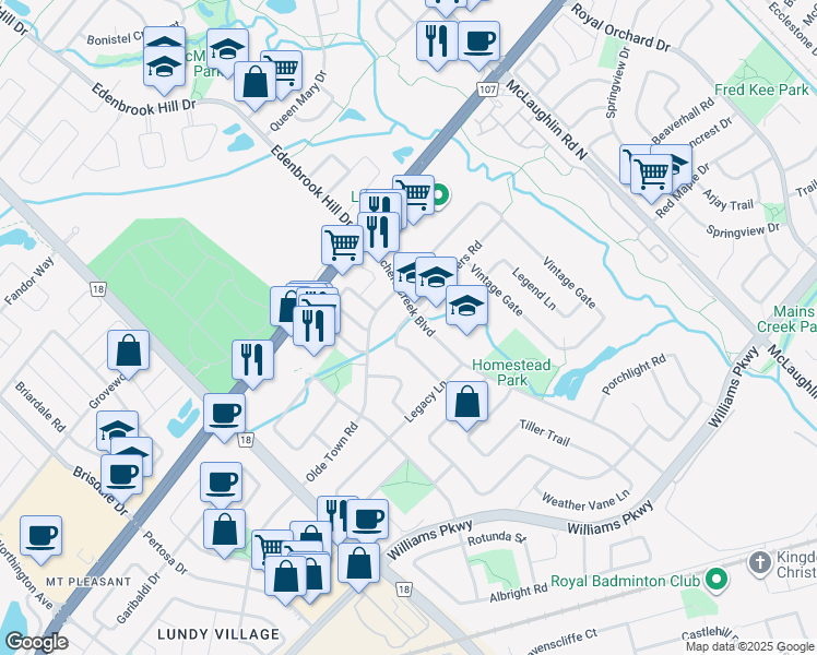 map of restaurants, bars, coffee shops, grocery stores, and more near 54 Gold Hill Road in Brampton