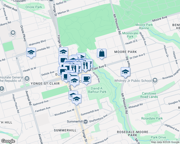 map of restaurants, bars, coffee shops, grocery stores, and more near 38 Avoca Avenue in Toronto