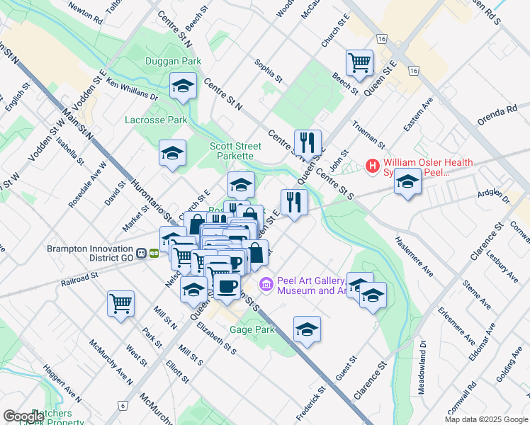 map of restaurants, bars, coffee shops, grocery stores, and more near 4 Maple Avenue in Brampton