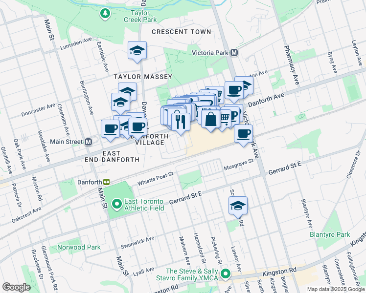 map of restaurants, bars, coffee shops, grocery stores, and more near in Toronto