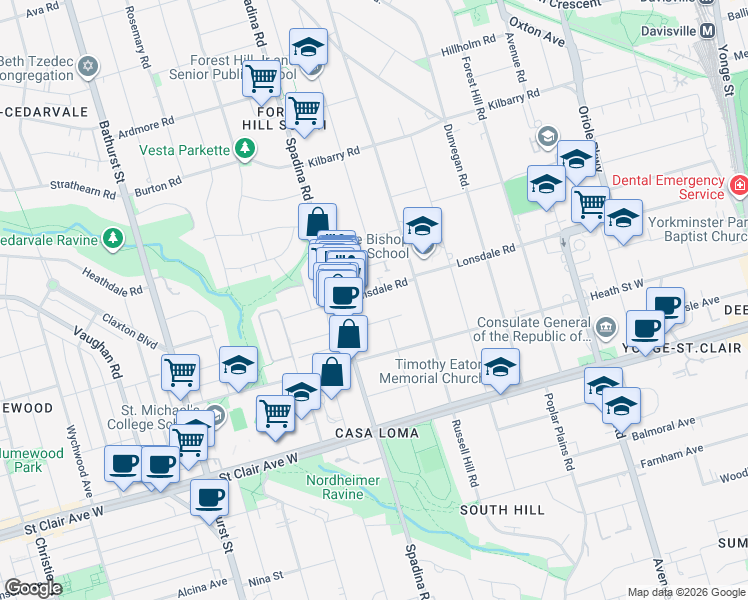 map of restaurants, bars, coffee shops, grocery stores, and more near in Toronto