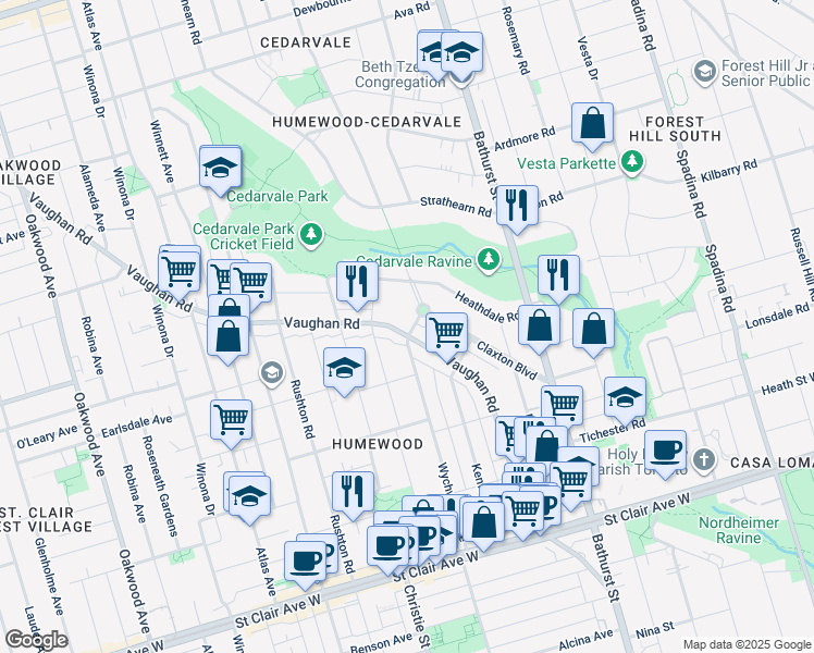 map of restaurants, bars, coffee shops, grocery stores, and more near in Toronto