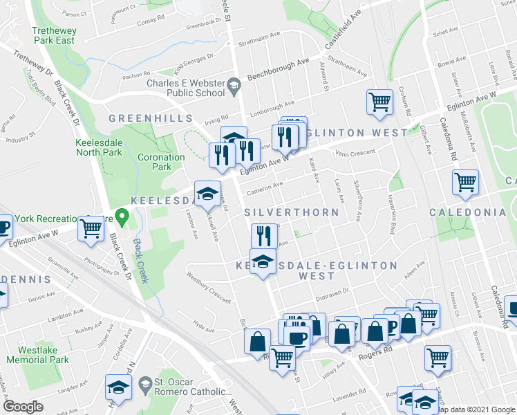 map of restaurants, bars, coffee shops, grocery stores, and more near in Toronto
