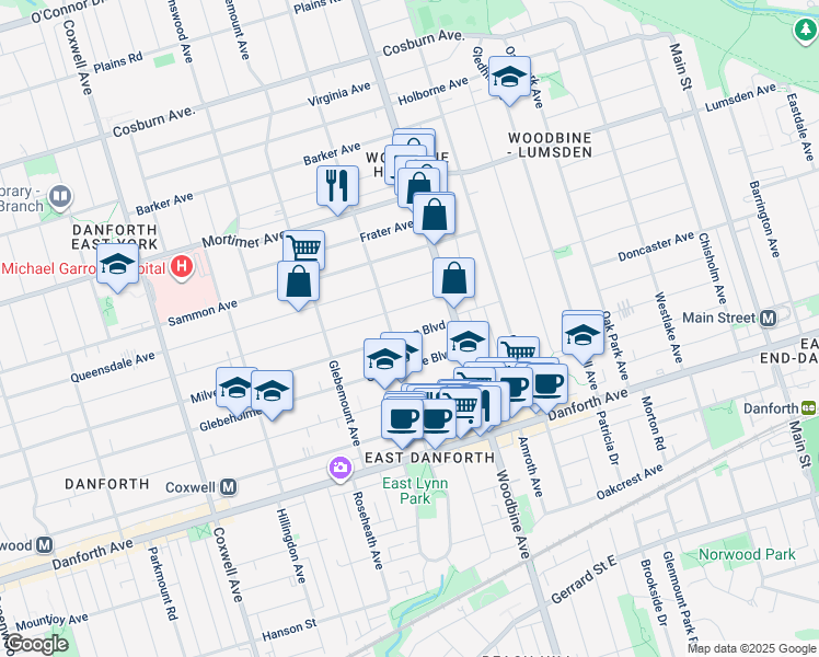 map of restaurants, bars, coffee shops, grocery stores, and more near 688 Milverton Boulevard in Toronto