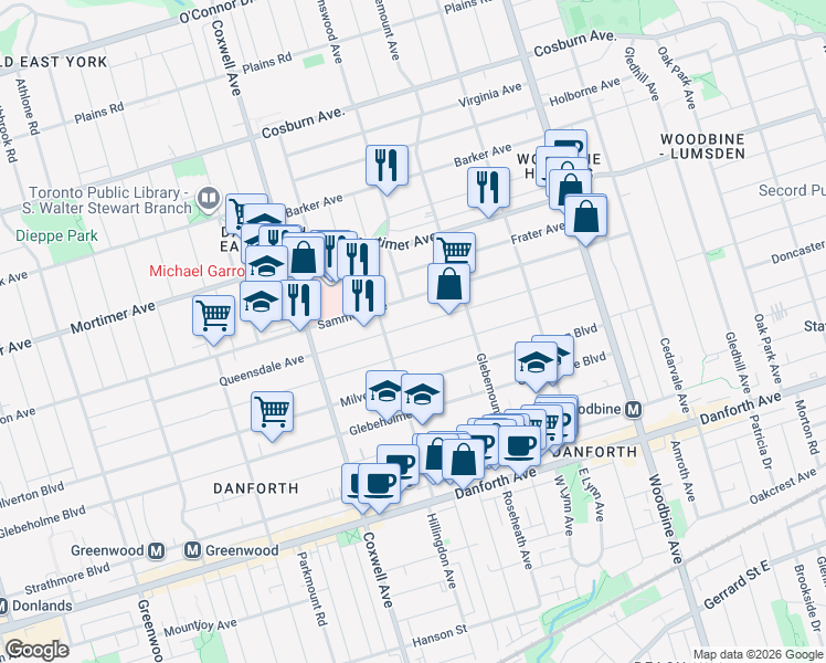map of restaurants, bars, coffee shops, grocery stores, and more near 239 Queensdale Avenue in Toronto