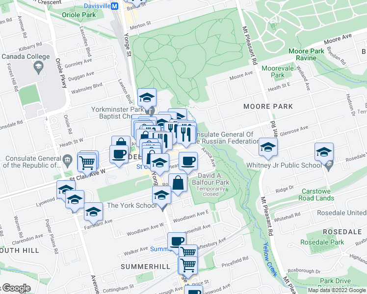 map of restaurants, bars, coffee shops, grocery stores, and more near 64 Saint Clair Avenue East in Toronto