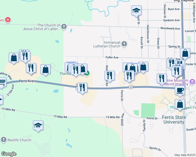 map of restaurants, bars, coffee shops, grocery stores, and more near 830 Water Tower Road in Big Rapids