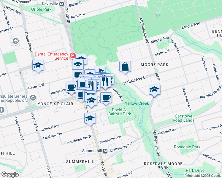map of restaurants, bars, coffee shops, grocery stores, and more near 64 Saint Clair Avenue East in Toronto