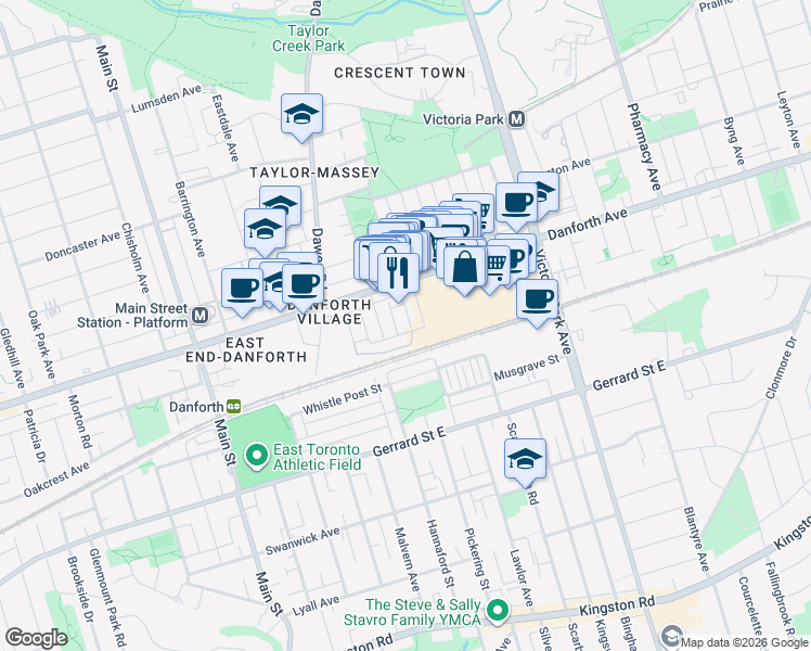 map of restaurants, bars, coffee shops, grocery stores, and more near 6 Luttrell Avenue in Toronto