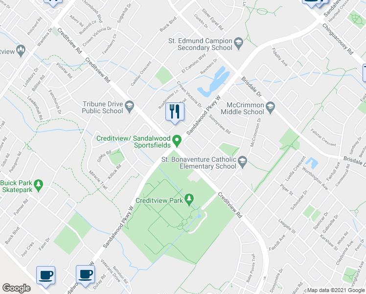 map of restaurants, bars, coffee shops, grocery stores, and more near 52 Florette Place in Brampton