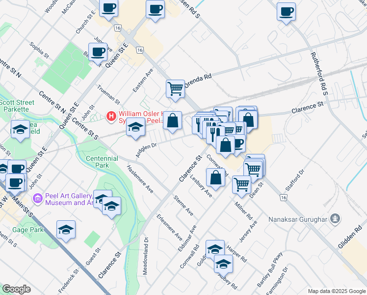 map of restaurants, bars, coffee shops, grocery stores, and more near 46 Sharon Court in Brampton