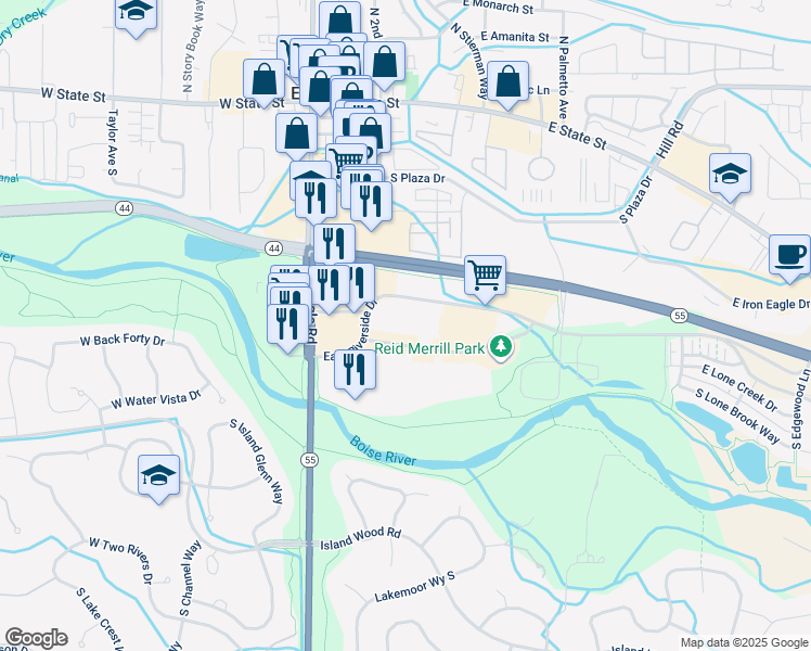 map of restaurants, bars, coffee shops, grocery stores, and more near 323 E Riverside Dr in Eagle