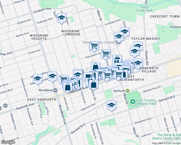 map of restaurants, bars, coffee shops, grocery stores, and more near 28 Gates Avenue in Toronto