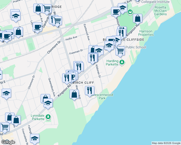 map of restaurants, bars, coffee shops, grocery stores, and more near 56a Valhalla Boulevard in Toronto
