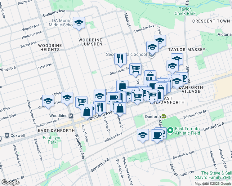 map of restaurants, bars, coffee shops, grocery stores, and more near in Toronto