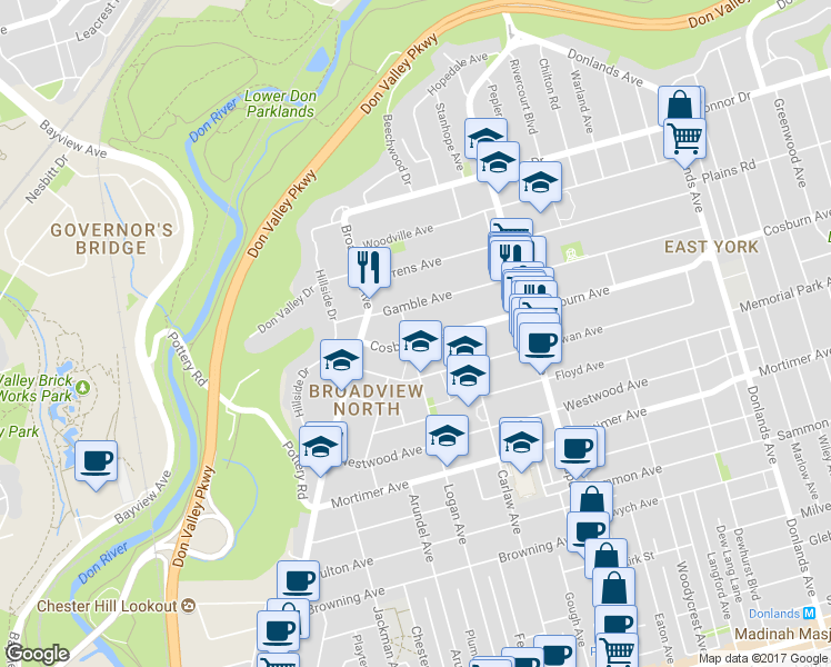 map of restaurants, bars, coffee shops, grocery stores, and more near 1145 Logan Avenue in Toronto