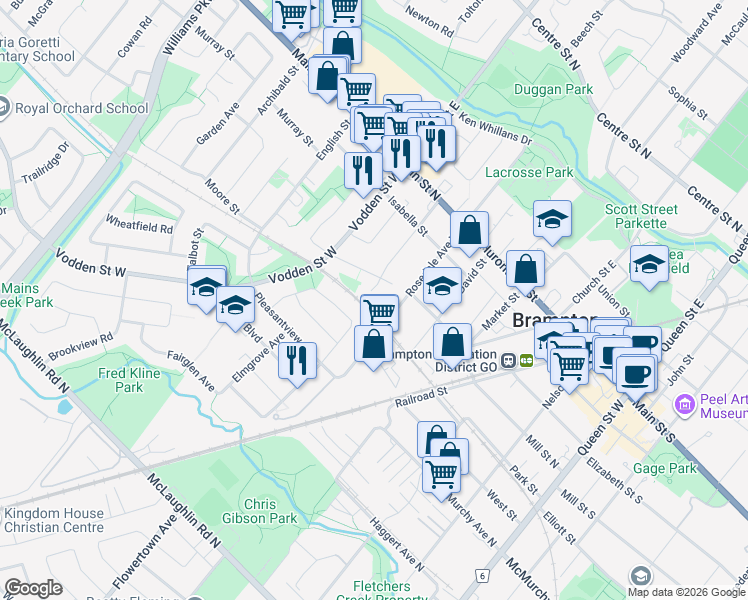 map of restaurants, bars, coffee shops, grocery stores, and more near 12 Lorne Court in Brampton
