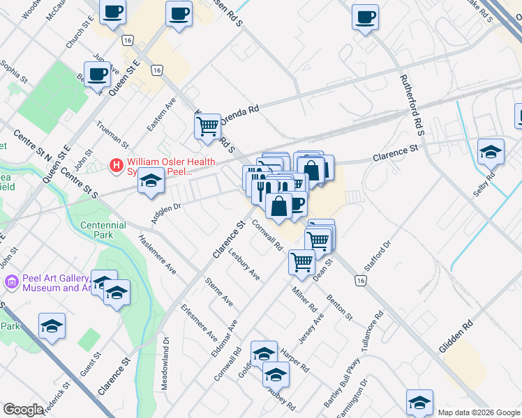 map of restaurants, bars, coffee shops, grocery stores, and more near 143 Clarence Street in Brampton