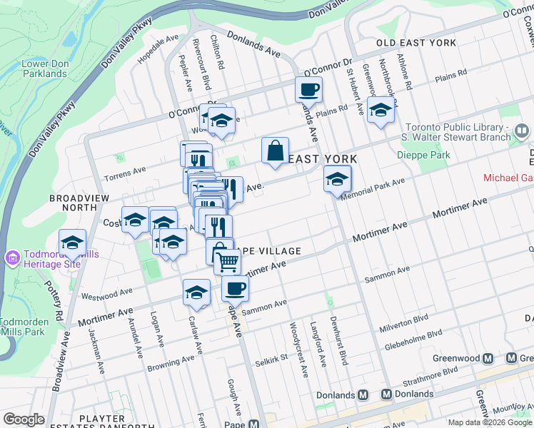 map of restaurants, bars, coffee shops, grocery stores, and more near 295 Gowan Avenue in Toronto
