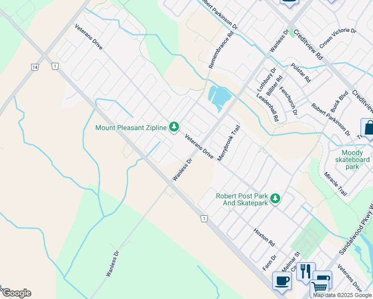 map of restaurants, bars, coffee shops, grocery stores, and more near 25 Romilly Avenue in Brampton