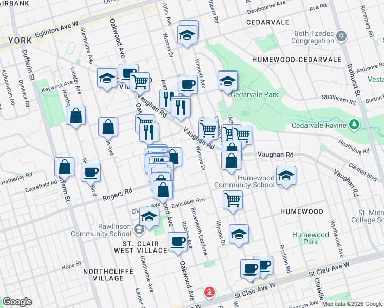 map of restaurants, bars, coffee shops, grocery stores, and more near 450 Winona Drive in Toronto